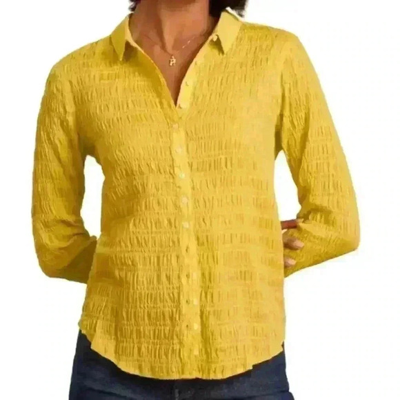 Everlane Yellow Smocked Button Up Blouse Size 10 - Picture 1 of 11